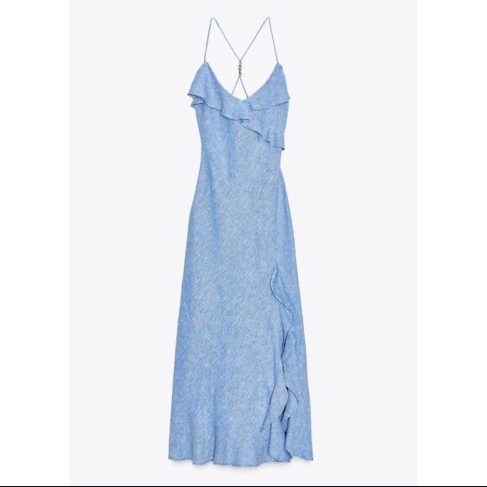 Zara Light Blue Linen Ruffle Dress ART 7953/757/406 NWT